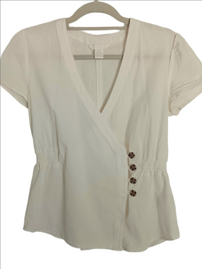 H&M Off White Cotton/Linen Short Sleeve Wrap Top, Smocked Waist Button Detail, 6